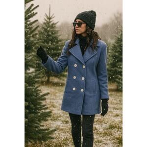 Storm Blue Double Breasted Wool Pea Coat W/Ornate Buttons Winter Cool Girl Sz S